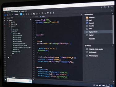 Crisp screenshot of clean PHP and React code in a dark editor, high contrast, cool studio light, orthogonal framing.