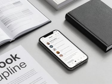 Flat-lay presentation of brand guidelines, typography scale books, and mobile screen mockups on a light grey background with sharp shadows.