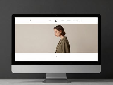 Straight-on mockup of a minimalist editorial website on a desktop screen, high contrast charcoal and warm white layout, sharp studio lighting.