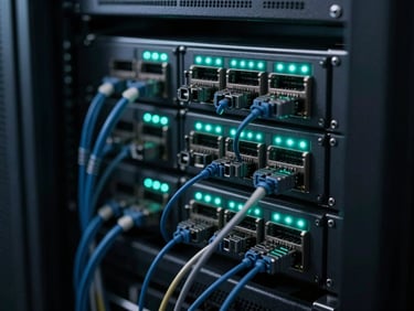 Close-up of a server rack's network cabling, neatly organized, with sharp neon-teal LED indicator lights, low-key server room lighting, macro depth of field.