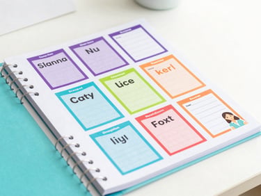 Bright high-key product photography, soft natural daylight, printed colorful vocabulary cards and lesson plan binders on a clean desktop, friendly teacher avatar sticker visible, crisp focus