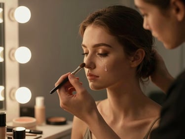 Close-up of professional makeup application under warm dressing room vanity bulbs, chiaroscuro lighting with strong shadows, cinematic atmosphere.