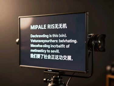 A professional teleprompter displaying text in a dark studio, warm backlighting, sharp focus on the glass pane