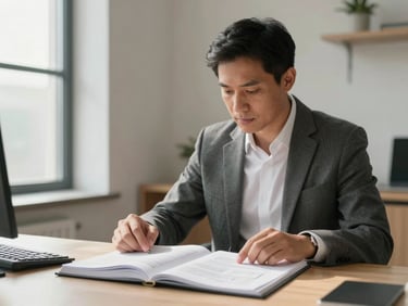 Medium-distance view of a consultant seated at a desk in a calm ordered interior, looking down at an open strategy document, one hand resting on the page, soft north-facing daylight from a large window to the left, minimal background with clean wall and single shelf
