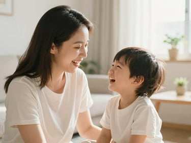 A mother and young child laughing together in a sunlit living room, soft warm morning light, natural editorial photography, shallow depth of field, 35mm lens