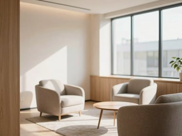 A bright, sunlit modern office consultation room with soft wooden accents, comfortable chairs, and a large window letting in natural daylight, shallow depth of field, warm editorial photography.
