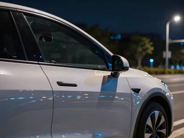 Tight technical crop of a modern hybrid vehicle parked under crisp, high-contrast night-time street lighting, clean metallic body reflecting blue neon, urban environment.