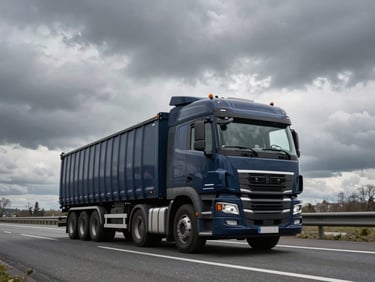 Low-angle heroic perspective of a modern heavy-duty cargo truck driving on a clean German highway under a dramatic overcast sky, deep navy and steel grey tones