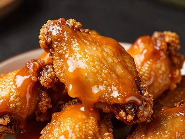 Macro shot of crispy chicken wings drenched in dripping glossy orange buffalo sauce, dark background, high contrast