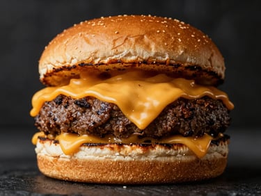 Ultra close-up of a juicy double smash burger with melted cheddar cheese pulling, toasted bun, dark moody background