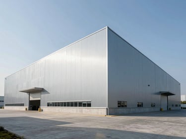 Wide-angle architectural photograph of a massive modern distribution center, clean steel paneling, crisp daylight casting sharp shadows