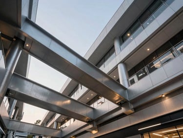 Low-angle shot of a modern commercial plaza with prominent steel cantilevers, dramatic architectural twilight lighting, sharp focus on structural joints