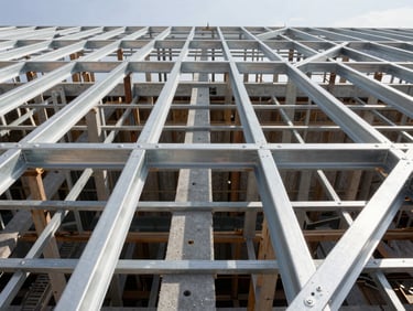 Low-angle architectural shot looking up at composite floor decking installed on structural steel framing, high-contrast daylight highlighting clean geometric lines