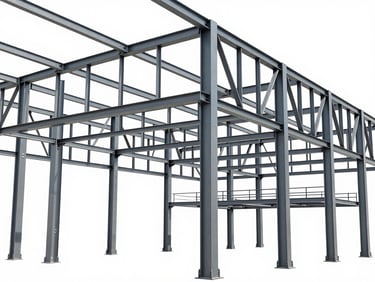 Crisp technical 3D Tekla structures model showing detailed steel trusses and columns, cool technical studio lighting, sharp focus, 35mm