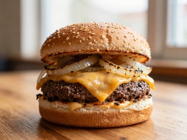Close-up of a double smash burger with melting cheese and grilled onions on a wooden table, warm editorial food photography, soft window light, shallow depth of field