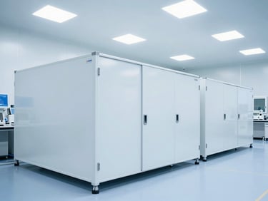 Wide-angle clinical photograph of a sterile pharmaceutical cold-chain logistics facility with cool blue and bright white lighting, sharp focus, professional B2B corporate aesthetic.