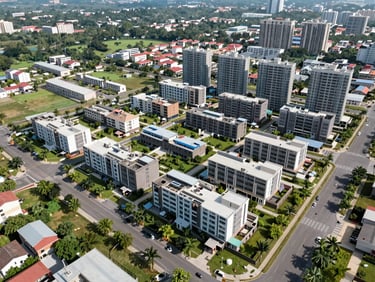 High-angle master-planned community layout under bright natural daylight, highlighting organized infrastructure and green spaces in Central Visayas.