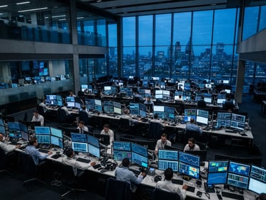 Professional photo of a modern financial trading floor at dusk, multiple screens displaying abstract data visualizations, deep blue and gray tones, sharp focus, architectural perspective, 35mm.