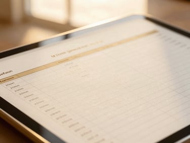 Close-up of a high-end financial spreadsheet on a tablet, gold accents, elegant textured paper background, warm golden-hour window light, shallow depth of field, 35mm
