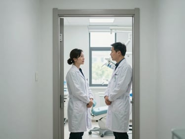 Environmental shot inside a bright dental clinic corridor, two professionals in white coats in conversation near a treatment room doorway, natural daylight entering from a window at the end of the hall, crisp and purposeful atmosphere, no posed smiles