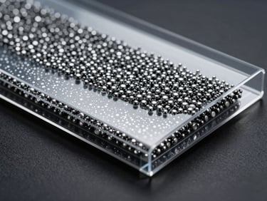 Close-up of nano-ceramic particles integrated into a transparent film, illustrating the multi-layer structure, with sharp, technical lighting and silver reflections.
