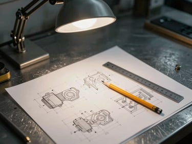 Close-up overhead view of schematic drawings spread on a steel workbench, pencil and technical ruler resting on printed circuit diagrams, tungsten workshop light from above, industrial setting