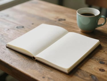 An open paper notebook on a rustic wooden desk, a ceramic cup beside it, soft north-facing daylight, warm and intellectual atmosphere.