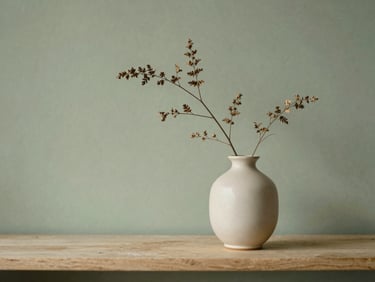 A minimalist ceramic vase with dry botanical branches on a shelf, soft sage green background, diffused afternoon sun.
