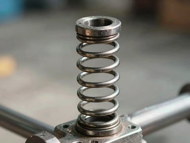Straight-on close-up of a heavy-duty steel torsion spring installed on a clean metal shaft, bright natural daylight, sharp focus on the metallic coils.