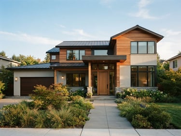 A clean, modern suburban home exterior under soft late-afternoon sunlight, architectural details, 35mm lens