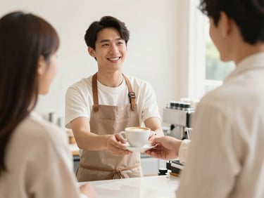 Friendly barista smiling while serving a coffee to a customer, warm and welcoming interaction, bright lifestyle photography.