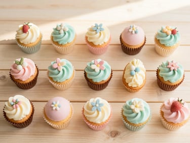 top-down flat lay of colorful pastel desserts, e.g., cupcakes and pastries, arranged artfully on a sunlit wooden table, soft morning light, warm cream and pastel tones, shallow depth of field