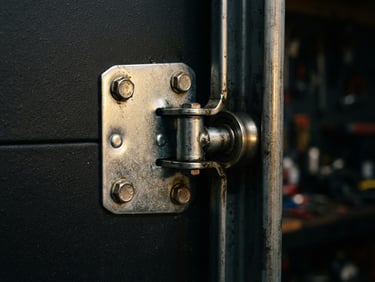 Close-up of a steel garage door hinge and roller, warm golden workshop light reflecting on metallic surfaces, dark charcoal background, sharp focus, 35mm