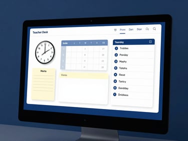 Desktop monitor mockup showing the Teacher Desk widget UI, with a clean layout of clock, timetable, memo, and to-do list for elementary school teachers, crisp studio lighting, deep blue and white tones, sharp macro focus.