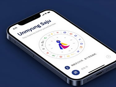 Mobile device mockup showing the Unmyung Saju app UI, with traditional Korean astrological charts and personalized analysis, crisp studio lighting, deep blue and white tones, sharp macro focus.