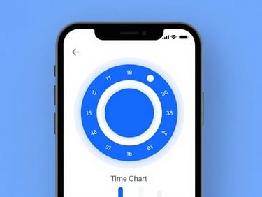 Mobile device mockup showing the Time Chart app UI, with a circular visualization of a daily schedule, vibrant but minimalist design, crisp studio lighting, deep blue and white tones, sharp macro focus.