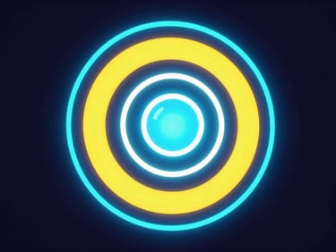Vibrant 3D neon-glowing target with a glowing ball in mid-air, electric cyan trails, dark background, clean vector style