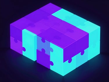 Vibrant 3D neon-glowing puzzle blocks fitting together, electric purple and cyan lights, dark background, modern vector style