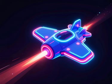 Vibrant 3D neon-glowing retro spaceship shooting lasers, saturated colors, dark background, high-contrast digital art