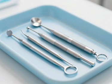 Clean clinical close-up of modern dental examination tools on a sterile light blue tray, soft daylight focus