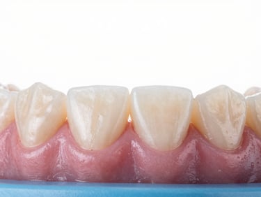 Macro close-up of healthy natural teeth and pink gums, bright soft daylight, clean clinical aesthetic