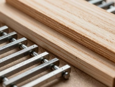 Gros plan macro d'un assemblage de bois lamellé-collé et de connecteurs en acier brossé, détails techniques précis, lumière naturelle diffuse mettant en valeur la texture des matériaux.