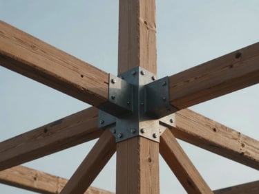 Macro close-up of a complex timber-steel structural joint in a modern sustainable building, cool morning light, high technical detail