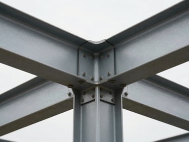 Macro close-up of a timber-steel structural junction, clean engineering details, natural overcast daylight