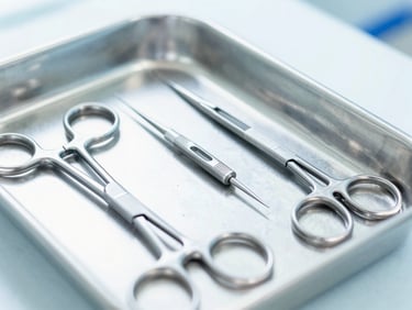 Close-up of neatly organized surgical instruments on a sterile stainless steel tray under bright clinical daylight, sharp focus, 50mm