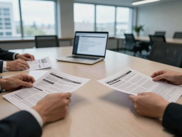 Hands arranging printed press release sheets on a wide conference table, a laptop open to a draft document in the background, daylight through tall office windows, cool-toned ambient light, wide environmental framing