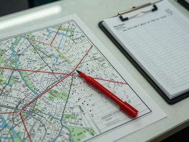 Overhead close-up of a printed precinct map spread on a table with a red marker tracing district lines, a legal pad with handwritten vote-count tallies beside it, cool fluorescent office light, documentary framing