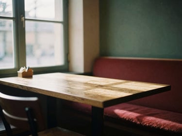 Cozy Scandinavian restaurant interior, empty wooden tables near a window with soft morning daylight filtering in, moody shadows, 35mm film.