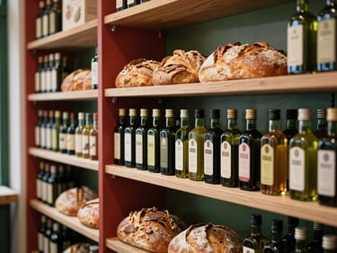 A vibrant corner of a modern specialty food market, artisanal olive oils and fresh bread on wooden shelves, soft natural light, rich warm tones.