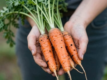 Close-up of hands holding freshly harvested organic carrots with soil still on them, soft natural daylight, shallow depth of field, warm editorial photography.
